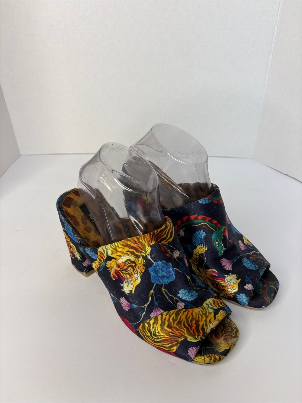 Rare Iron Fist Block Heel Tiger and Floral Print Open Toe Mule